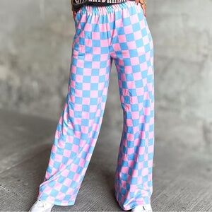 Pink and Blue Checkered Wide Leg Pants